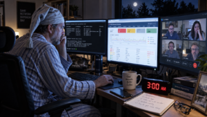 Man sits in his pajamas fixing an issue with 3 screens live--monitoring, video call, SSH session.