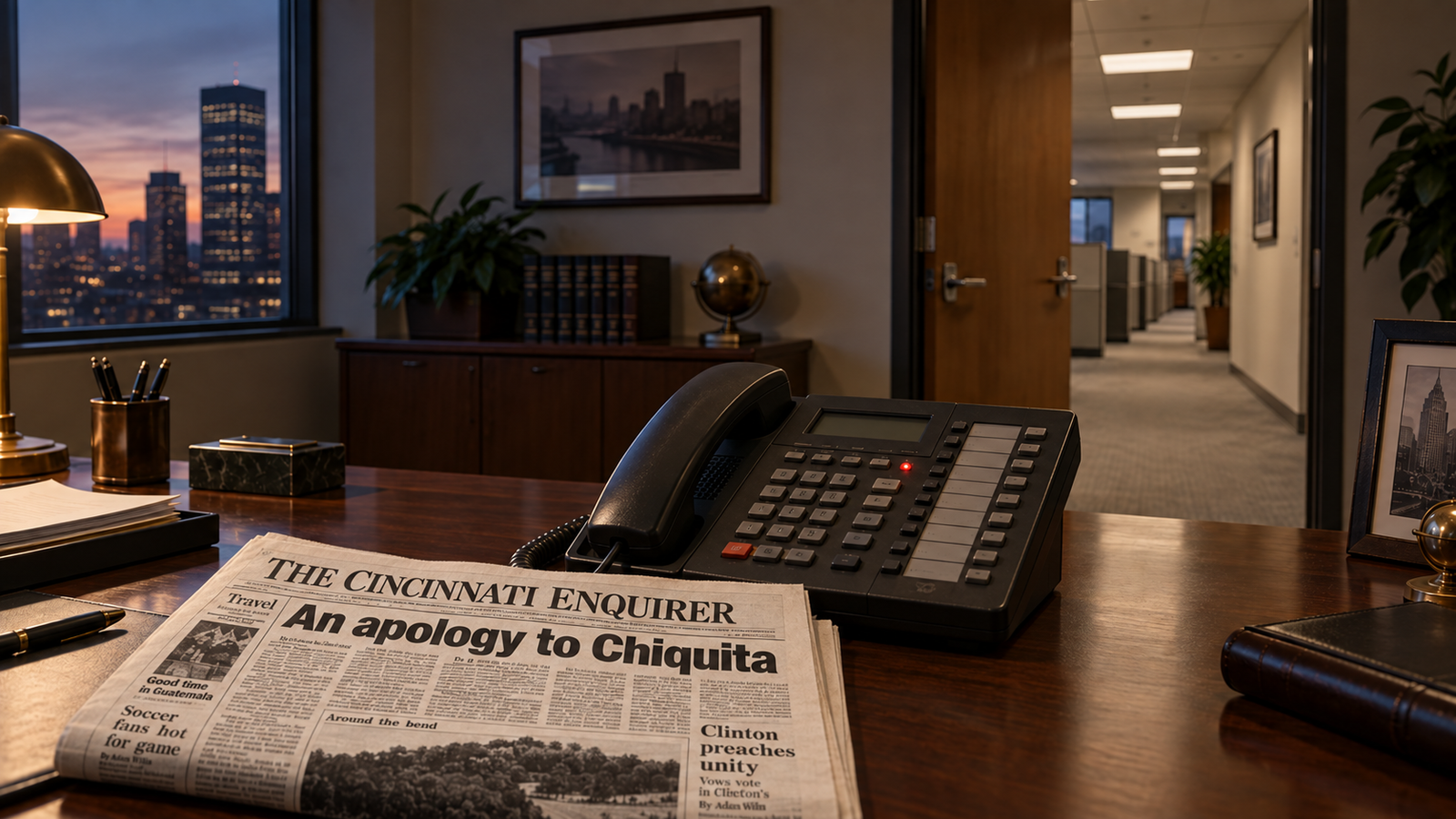 Illustration of a late-1990s executive office at dusk, with a desk phone's message light lit beside a newspaper headlined 'An apology to Chiquita' and the office door standing open to the hallway