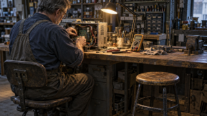 An experienced technician working under a lamp at a cluttered workbench, repairing an opened piece of equipment, with an empty stool beside him