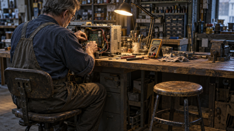 An experienced technician working under a lamp at a cluttered workbench, repairing an opened piece of equipment, with an empty stool beside him