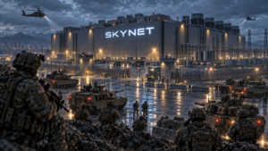 Satirical illustration of armored vehicles and soldiers massed at night outside a floodlit data center whose wall reads SKYNET
