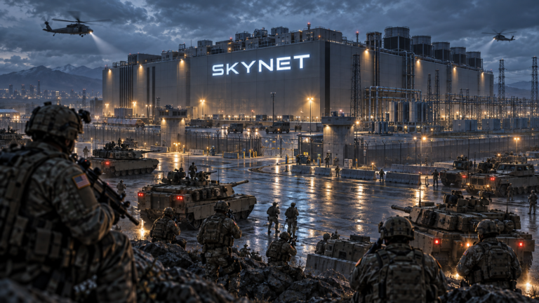 Satirical illustration of armored vehicles and soldiers massed at night outside a floodlit data center whose wall reads SKYNET