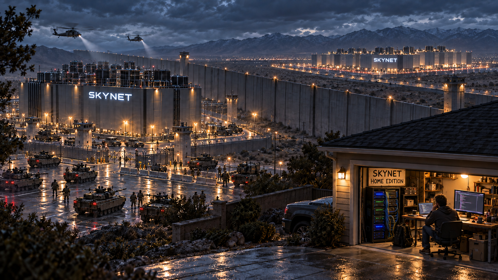 Satirical illustration of a floodlit walled compound marked SKYNET, ringed by armored vehicles and helicopters at dusk, while in the foreground a suburban garage marked SKYNET HOME EDITION holds server racks and a lone developer at a keyboard