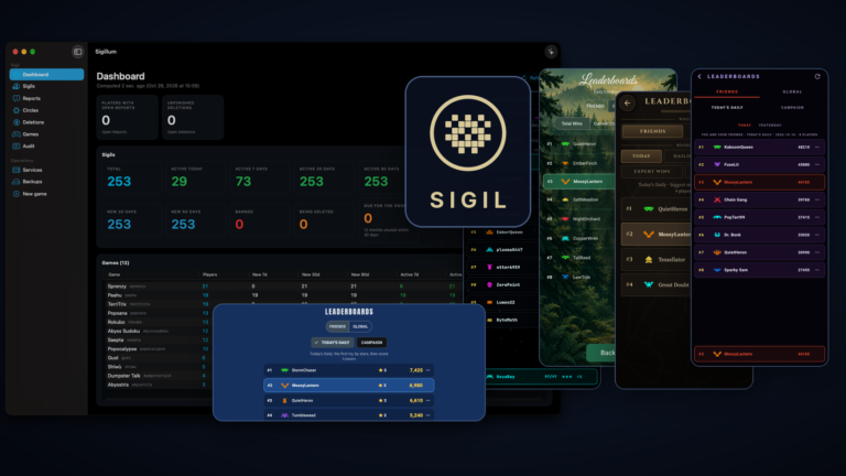 The DDAP Sigil mark and the word SIGIL, set between the Sigillum admin dashboard and leaderboard screens from five DDAP games, several of them highlighting the same player