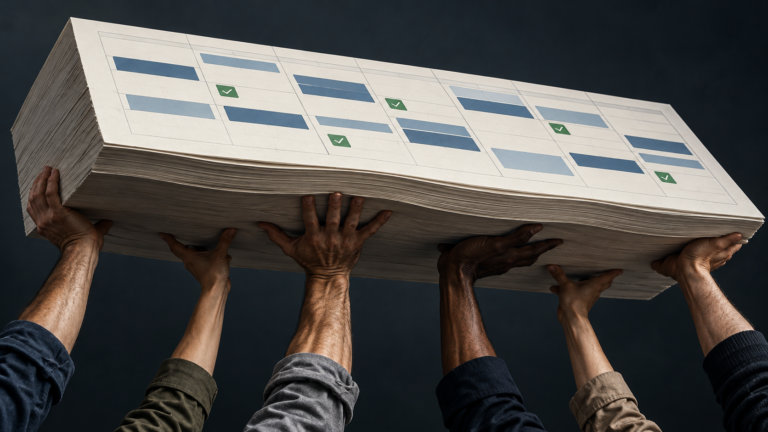 Several raised hands holding up a massive, sagging stack of calendar pages marked with scheduled blocks and green check marks, against a dark background