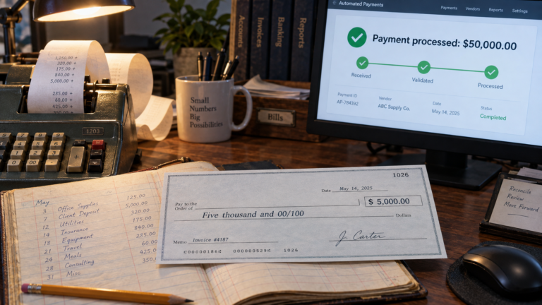 A paper check written for five thousand dollars lying on an accounting ledger, beside a monitor reporting a processed payment of fifty thousand dollars with three green checkmarks